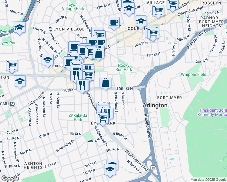 map of restaurants, bars, coffee shops, grocery stores, and more near 934 North Cleveland Street in Arlington