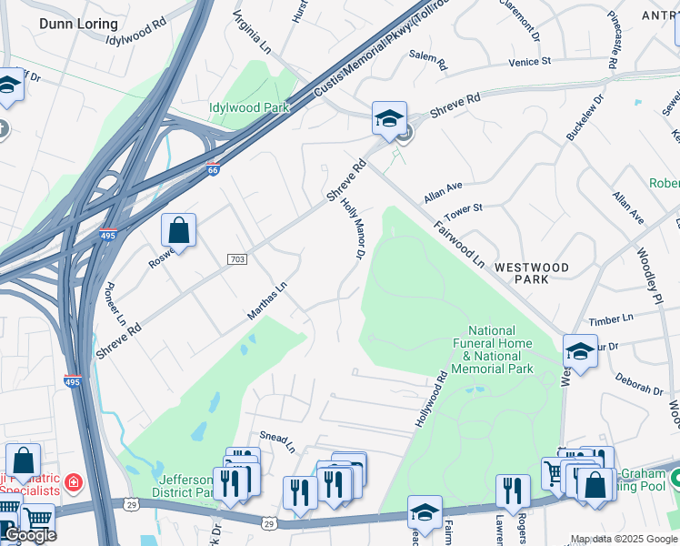 map of restaurants, bars, coffee shops, grocery stores, and more near 2578 Holly Manor Drive in Falls Church
