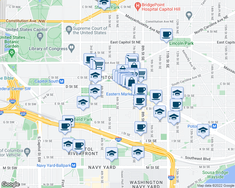 map of restaurants, bars, coffee shops, grocery stores, and more near D Street Southeast & 6th Street Southeast in Washington