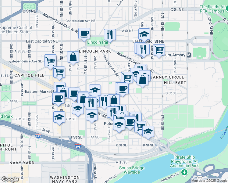 map of restaurants, bars, coffee shops, grocery stores, and more near 1318 D Street Southeast in Washington