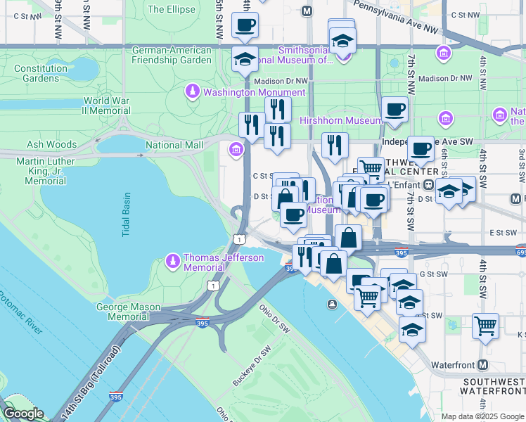 map of restaurants, bars, coffee shops, grocery stores, and more near 1331 Maryland Avenue Southwest in Washington