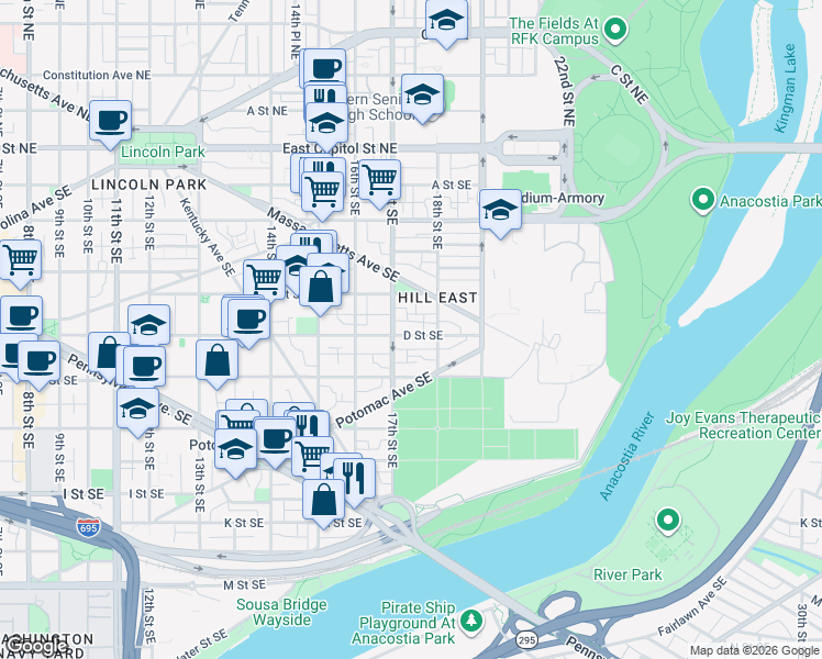 map of restaurants, bars, coffee shops, grocery stores, and more near 101 Independence Avenue Southeast in Washington