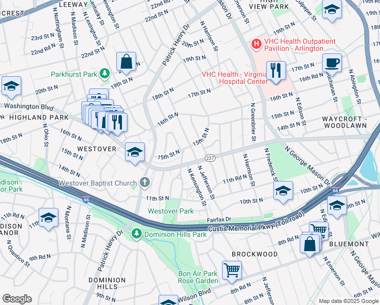 map of restaurants, bars, coffee shops, grocery stores, and more near 1418 North Jefferson Street in Arlington