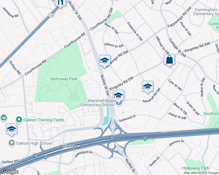 map of restaurants, bars, coffee shops, grocery stores, and more near 713 Kingsley Road Southwest in Vienna