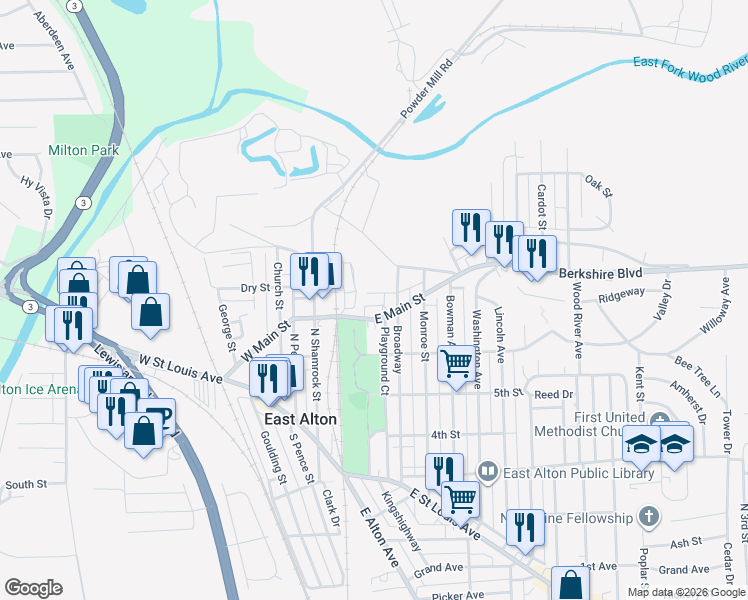 map of restaurants, bars, coffee shops, grocery stores, and more near 110 Bell Street in East Alton
