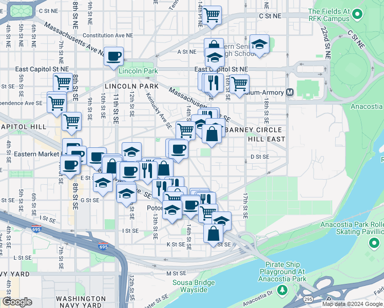 map of restaurants, bars, coffee shops, grocery stores, and more near 342 14th Street Southeast in Washington