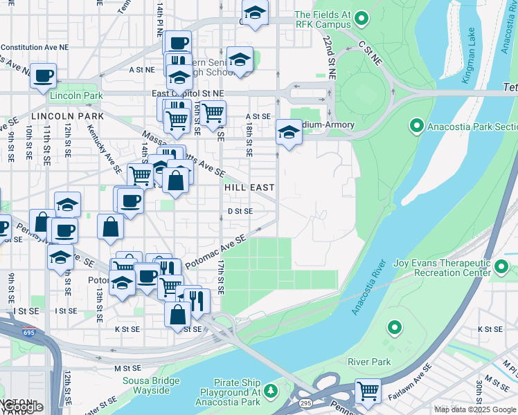 map of restaurants, bars, coffee shops, grocery stores, and more near 1814 D Street Southeast in Washington