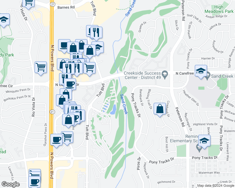 map of restaurants, bars, coffee shops, grocery stores, and more near 3730 Birdie Court in Colorado Springs