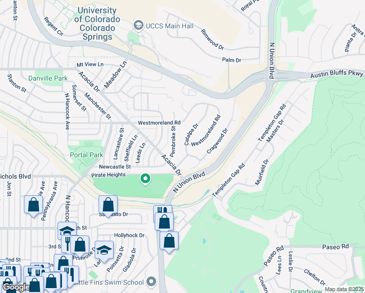 map of restaurants, bars, coffee shops, grocery stores, and more near 3710 Catalpa Drive in Colorado Springs