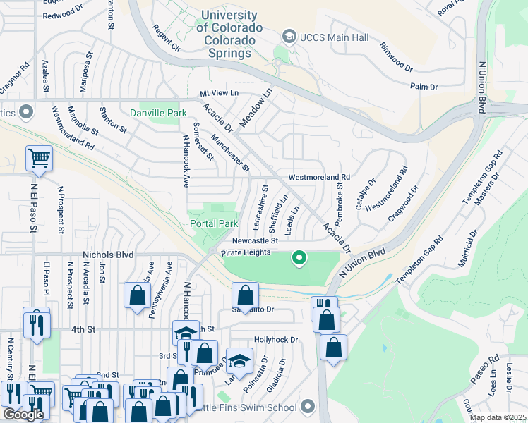 map of restaurants, bars, coffee shops, grocery stores, and more near 3702 Lancashire Street in Colorado Springs