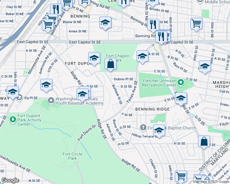 map of restaurants, bars, coffee shops, grocery stores, and more near 417 Burbank Street Southeast in Washington