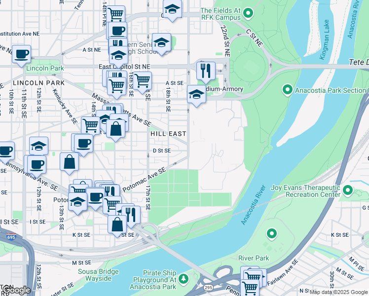 map of restaurants, bars, coffee shops, grocery stores, and more near 101 Independence Avenue Southeast in Washington