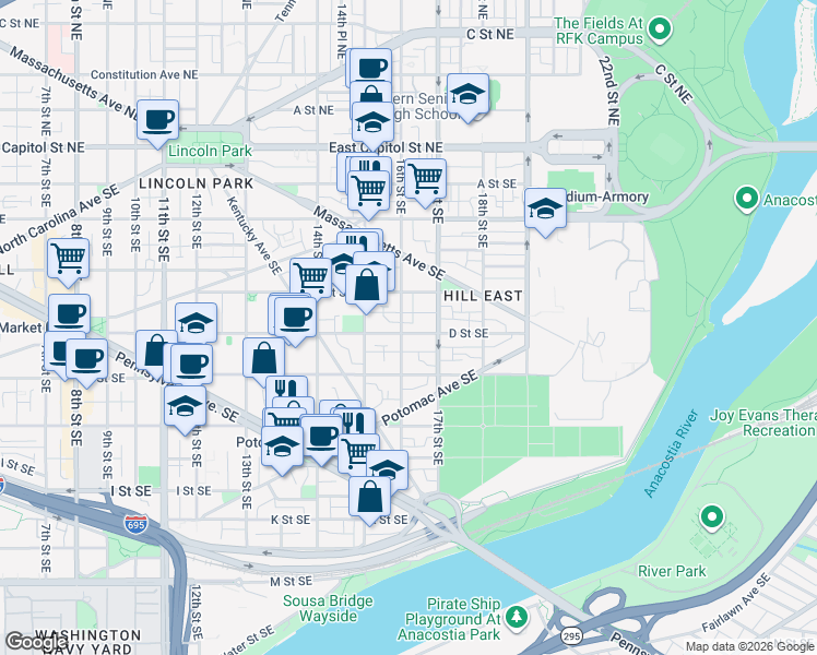 map of restaurants, bars, coffee shops, grocery stores, and more near 101 Independence Avenue Southeast in Washington