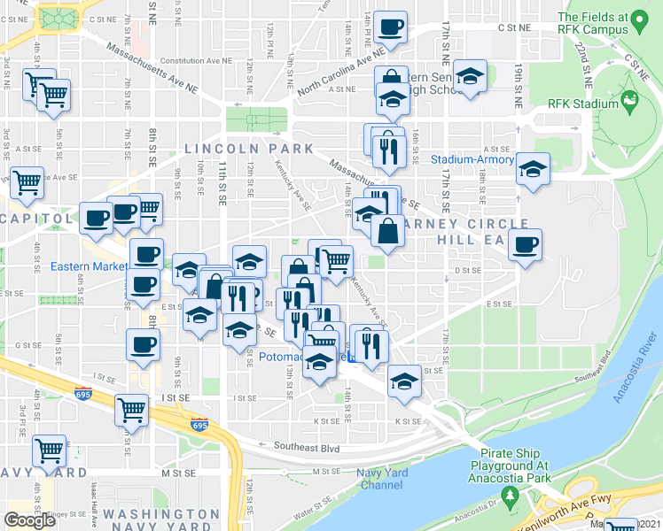 map of restaurants, bars, coffee shops, grocery stores, and more near 101 Independence Avenue Southeast in Washington