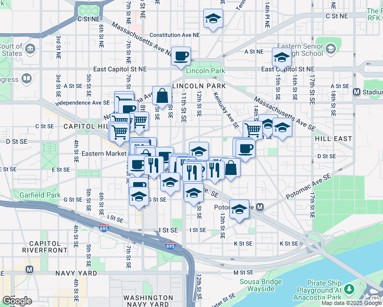 map of restaurants, bars, coffee shops, grocery stores, and more near 101 Independence Avenue Southeast in Washington