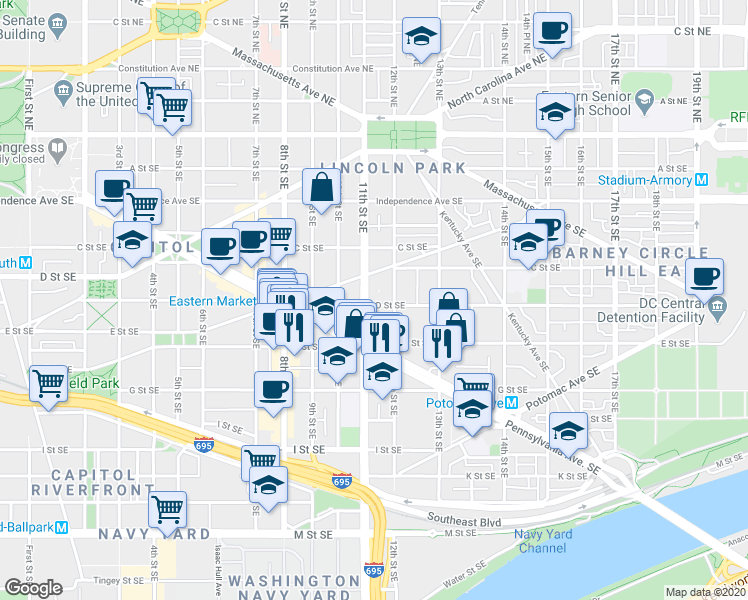 map of restaurants, bars, coffee shops, grocery stores, and more near 101 Independence Avenue Southeast in Washington