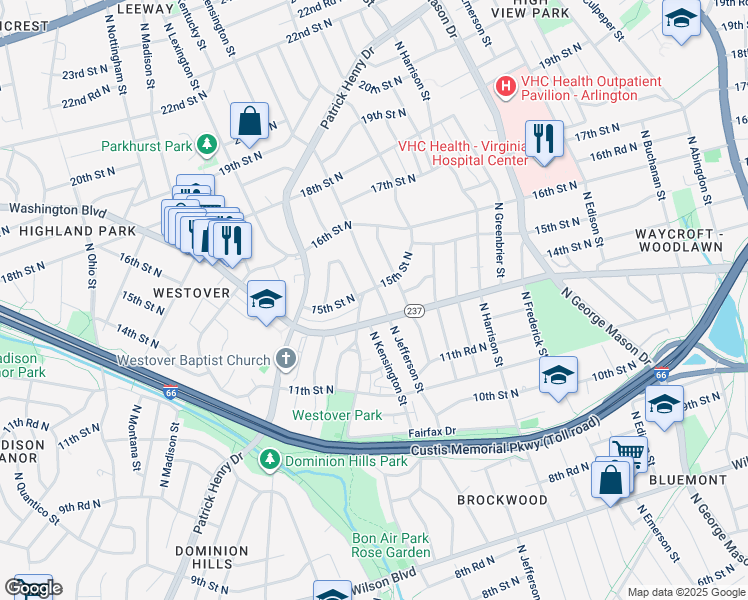map of restaurants, bars, coffee shops, grocery stores, and more near 1418 North Jefferson Street in Arlington