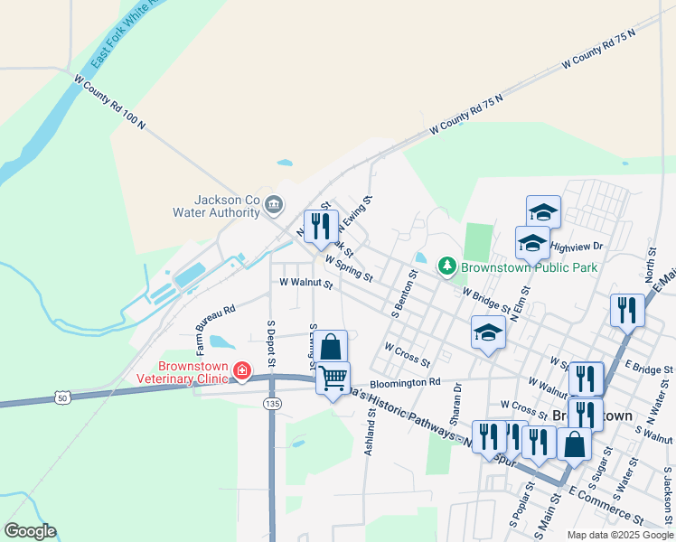 map of restaurants, bars, coffee shops, grocery stores, and more near 1012 West Spring Street in Brownstown