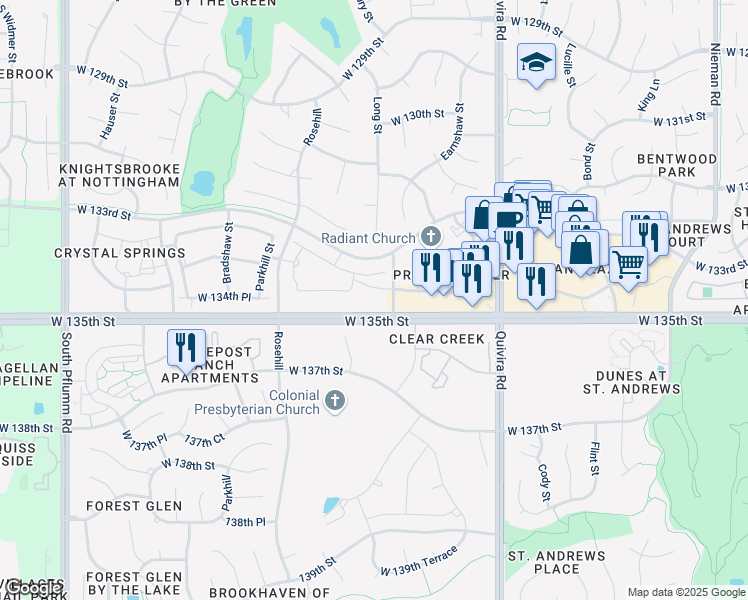 map of restaurants, bars, coffee shops, grocery stores, and more near 12500 West 135th Street in Overland Park
