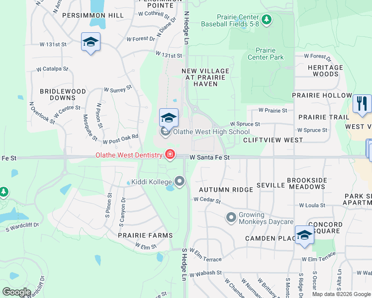 map of restaurants, bars, coffee shops, grocery stores, and more near 200-436 N Hedge Ln in Olathe