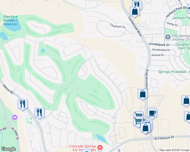 map of restaurants, bars, coffee shops, grocery stores, and more near 3670 Camels Ridge Lane in Colorado Springs