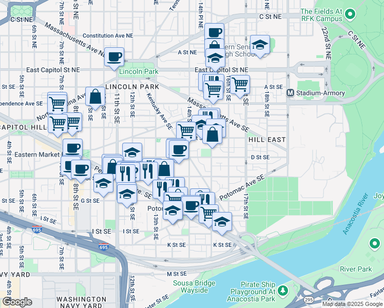 map of restaurants, bars, coffee shops, grocery stores, and more near 342 14th Street Southeast in Washington