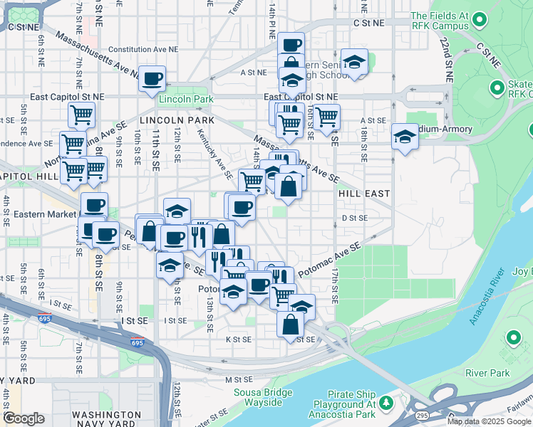 map of restaurants, bars, coffee shops, grocery stores, and more near 1414 D Street Southeast in Washington