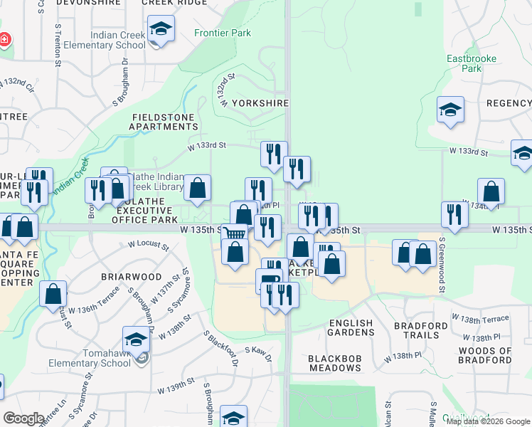 map of restaurants, bars, coffee shops, grocery stores, and more near 15225 West 134th Place in Olathe