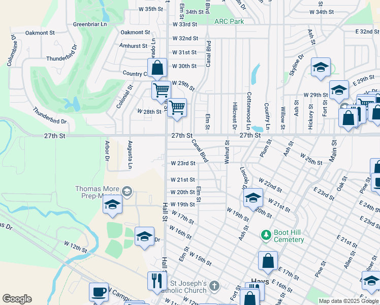 map of restaurants, bars, coffee shops, grocery stores, and more near 506 West 24th Street in Hays
