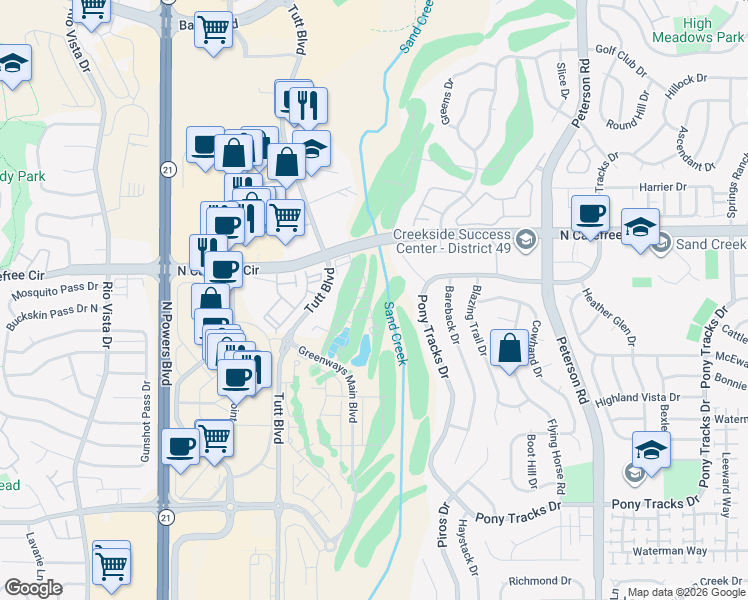map of restaurants, bars, coffee shops, grocery stores, and more near 3730 Birdie Court in Colorado Springs