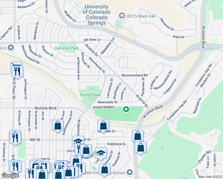 map of restaurants, bars, coffee shops, grocery stores, and more near 3702 Lancashire Street in Colorado Springs