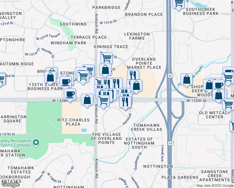 map of restaurants, bars, coffee shops, grocery stores, and more near 8420 West 135th Street in Overland Park
