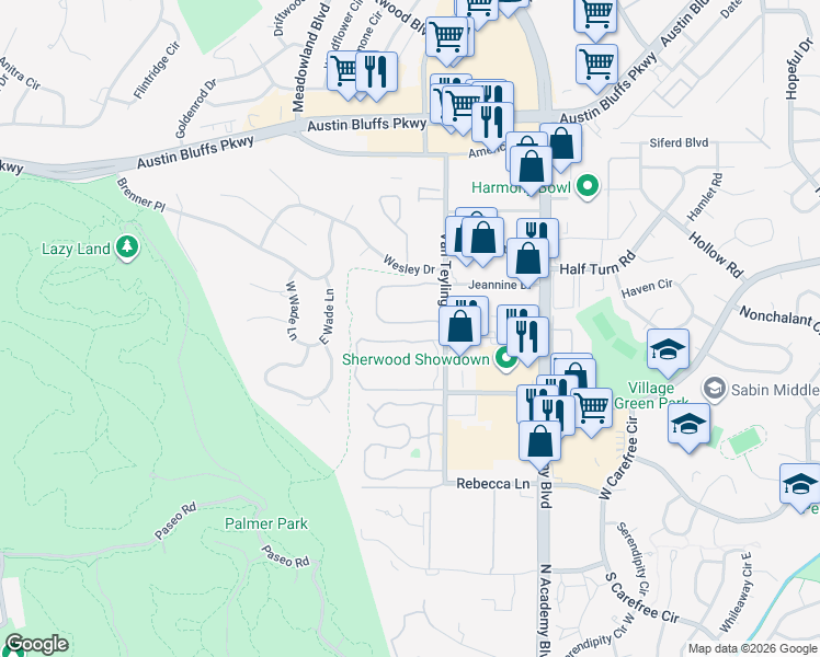 map of restaurants, bars, coffee shops, grocery stores, and more near 3434 Queen Anne Way in Colorado Springs