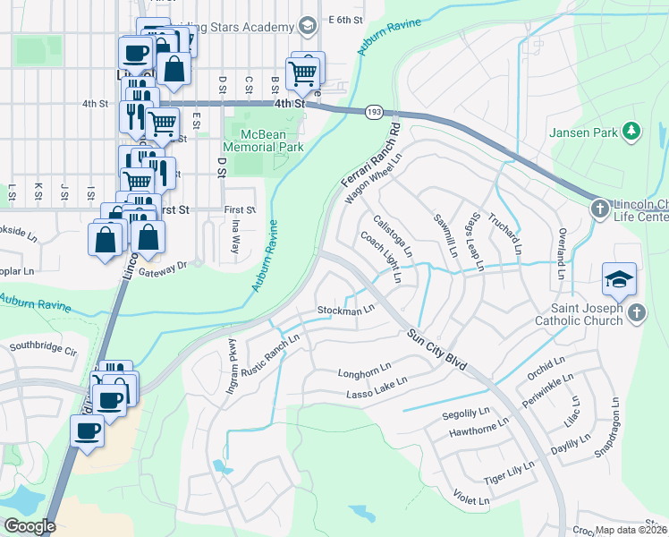 map of restaurants, bars, coffee shops, grocery stores, and more near 240 Saddlehorn Loop in Lincoln