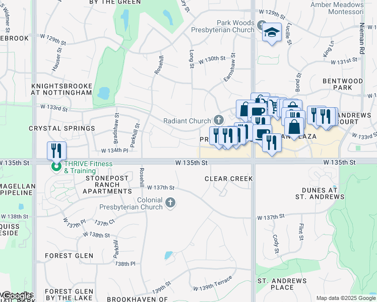 map of restaurants, bars, coffee shops, grocery stores, and more near 12500 West 135th Street in Overland Park