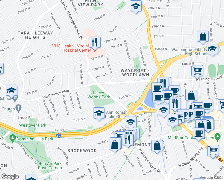 map of restaurants, bars, coffee shops, grocery stores, and more near 1212 North Evergreen Street in Arlington