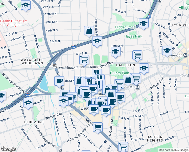 map of restaurants, bars, coffee shops, grocery stores, and more near 1101 North Stafford Street in Arlington
