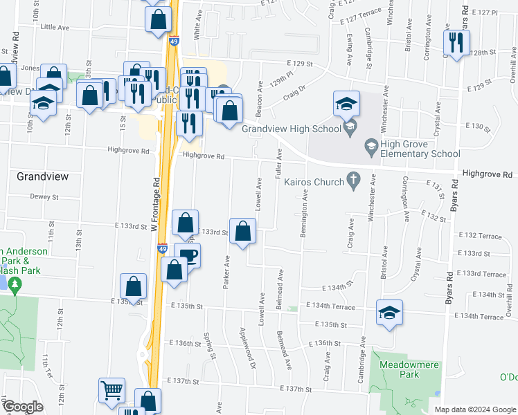 map of restaurants, bars, coffee shops, grocery stores, and more near 13217 Lowell Avenue in Grandview