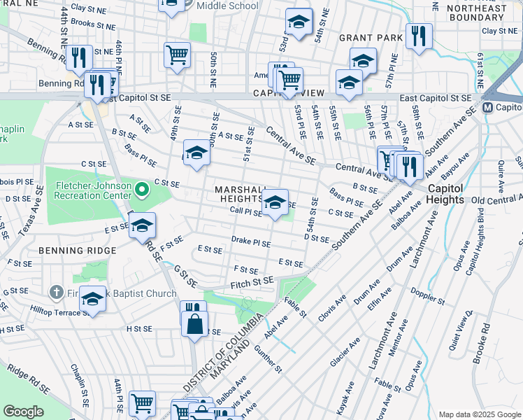 map of restaurants, bars, coffee shops, grocery stores, and more near 5208 Call Place Southeast in Washington