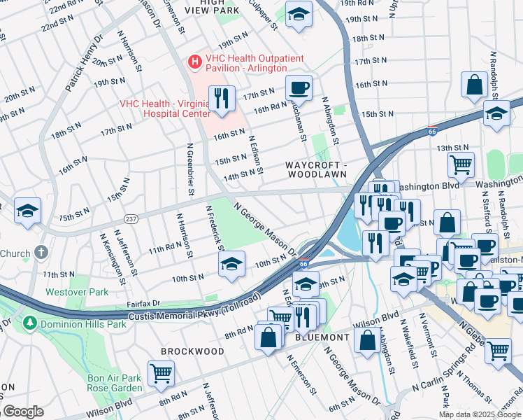 map of restaurants, bars, coffee shops, grocery stores, and more near 1212 North Evergreen Street in Arlington
