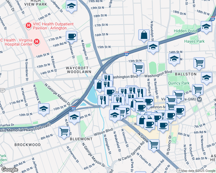 map of restaurants, bars, coffee shops, grocery stores, and more near 1100 North Glebe Road in Arlington