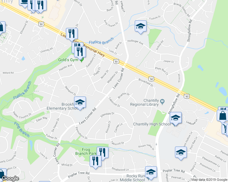 map of restaurants, bars, coffee shops, grocery stores, and more near 4107 Lees Corner Road in Chantilly
