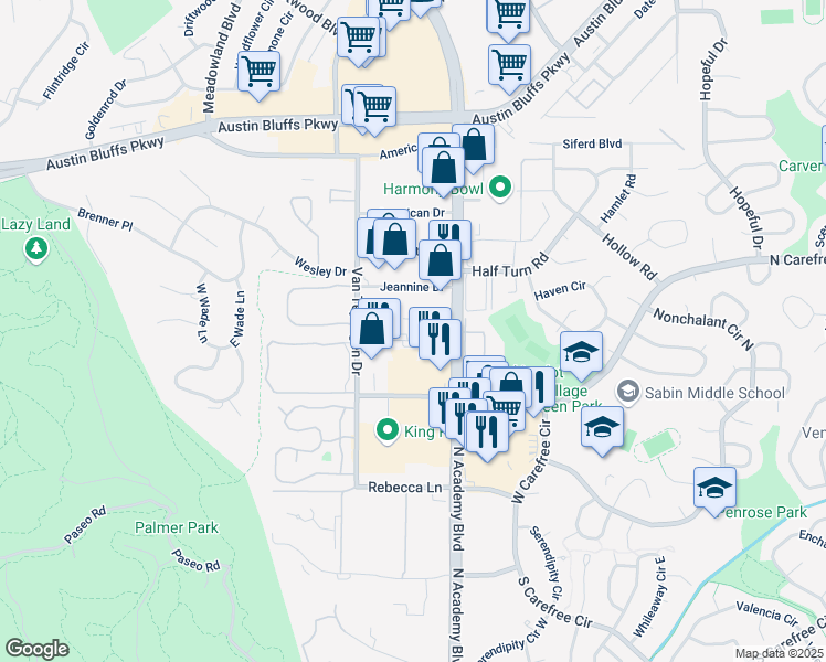 map of restaurants, bars, coffee shops, grocery stores, and more near 3640 North Academy Boulevard in Colorado Springs