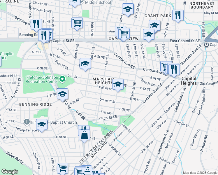 map of restaurants, bars, coffee shops, grocery stores, and more near 5126 Call Place Southeast in Washington