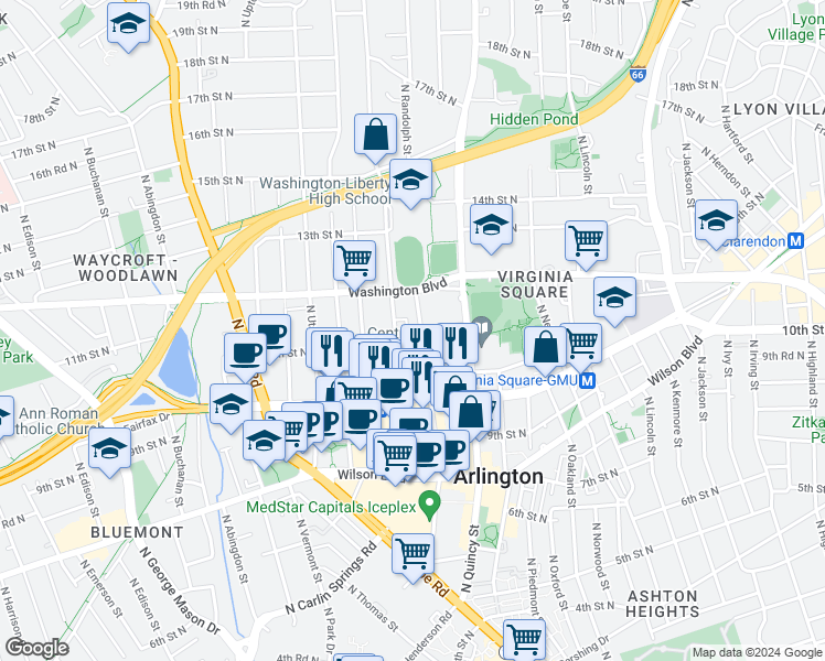 map of restaurants, bars, coffee shops, grocery stores, and more near 4110 11th Place North in Arlington