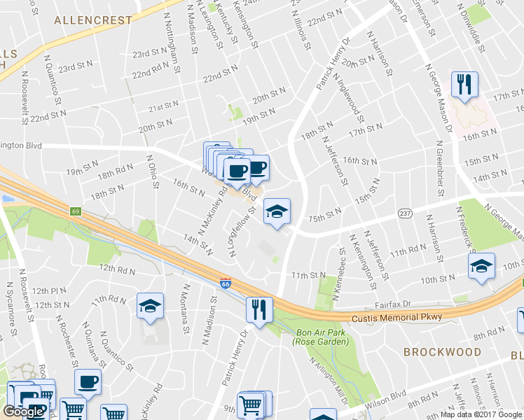 map of restaurants, bars, coffee shops, grocery stores, and more near 5830 Washington Boulevard in Arlington
