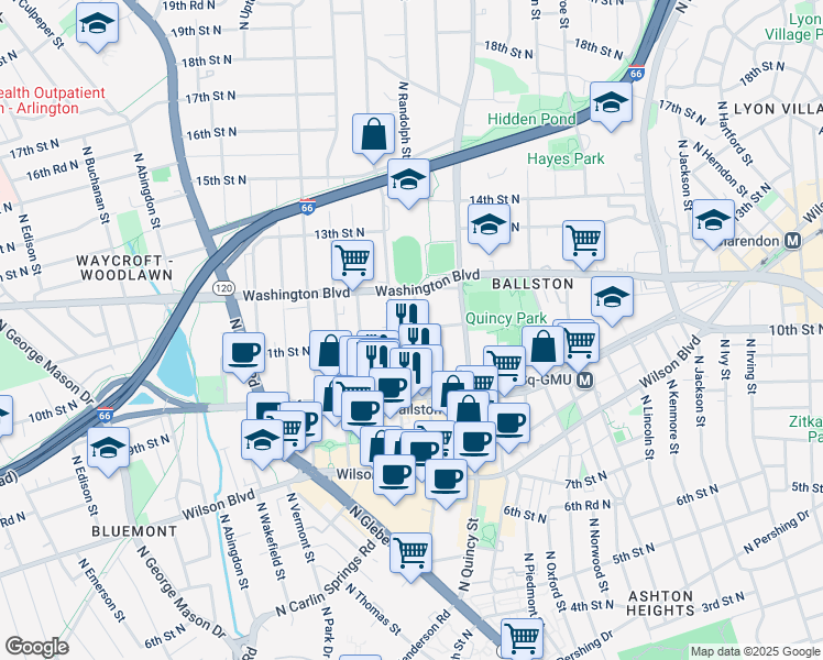 map of restaurants, bars, coffee shops, grocery stores, and more near 4110 11th Place North in Arlington