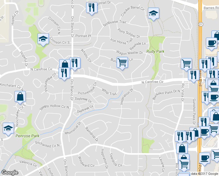 map of restaurants, bars, coffee shops, grocery stores, and more near 5115 North Carefree Circle in Colorado Springs