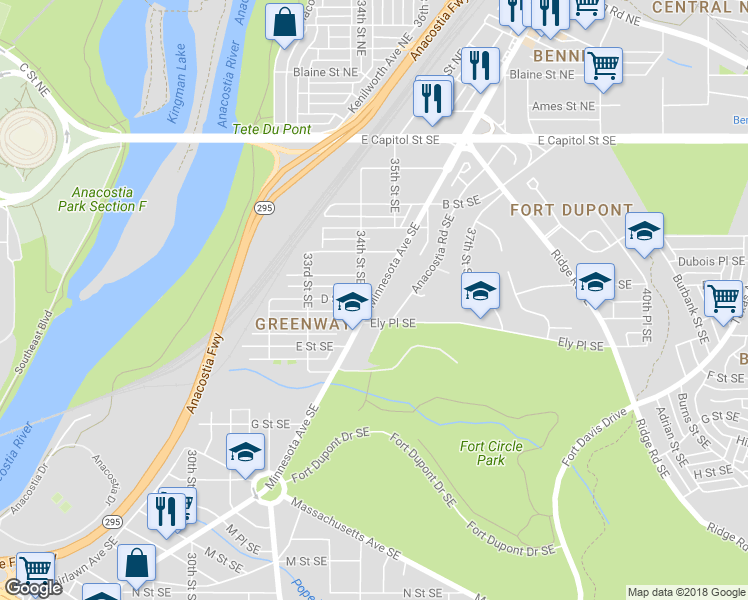 map of restaurants, bars, coffee shops, grocery stores, and more near Minnesota Avenue Southeast & D Street Southeast in Washington