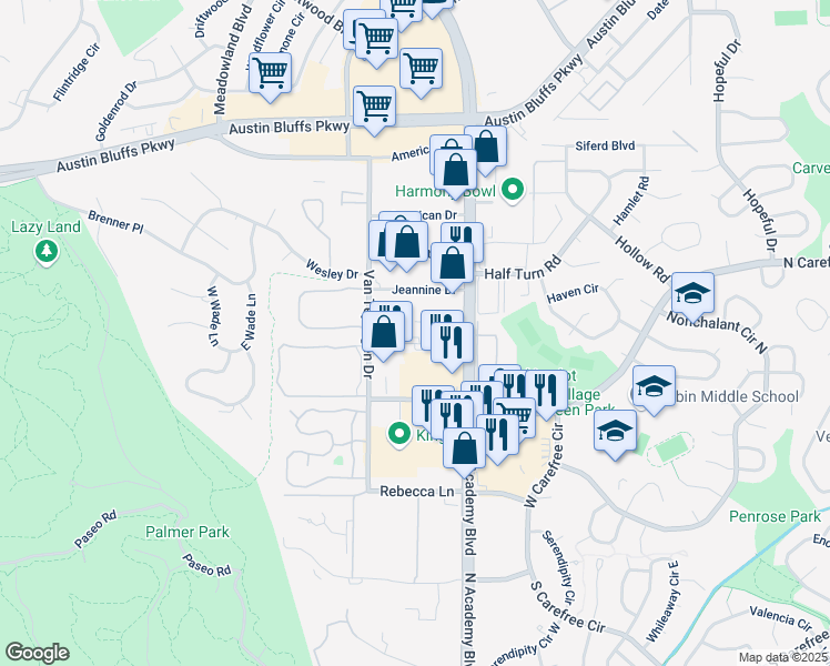 map of restaurants, bars, coffee shops, grocery stores, and more near 3640 North Academy Boulevard in Colorado Springs